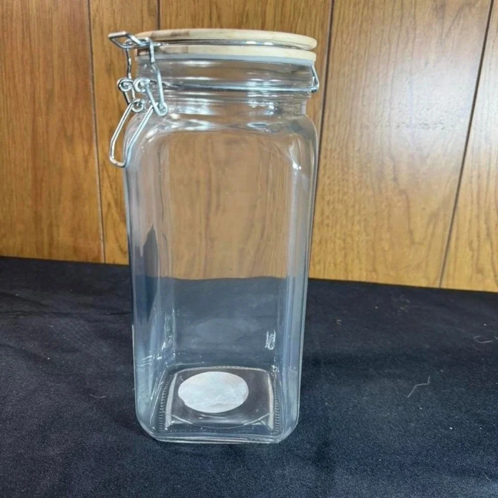 Clear glass jar with‎ wooden lid and chalkboard label NEW